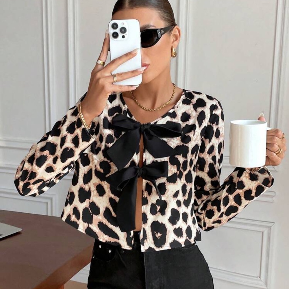 Frenchy Women Tie Front Long Sleeve Leopard Print Jacket, Casual Everyday Wear